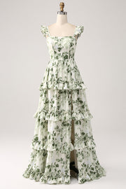 Green A-Line Spaghetti Straps Print Tiered Long Bridesmaid Dress With Slit