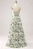 Green A-Line Spaghetti Straps Print Tiered Long Bridesmaid Dress With Slit