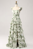Green A-Line Spaghetti Straps Print Tiered Long Bridesmaid Dress With Slit