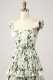 Green A-Line Spaghetti Straps Print Tiered Long Bridesmaid Dress With Slit