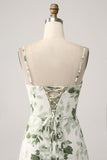 Green Cowl Neck A-Line Printed Long Bridesmaid Dress With Slit
