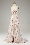 Ivory Flower A-Line Corset Long Prom Dress With Slit