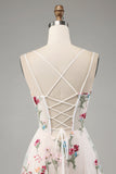 Ivory Flower A-Line Corset Long Prom Dress With Slit