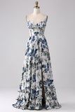 Blue A Line Printed Corset Long Prom Dress with Slit