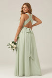Dusty Sage Halter Plus Size A Line Chiffon Ruched Long Bridesmaid Dress
