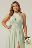 Dusty Sage Halter Plus Size A Line Chiffon Ruched Long Bridesmaid Dress