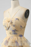 Yellow A Line Halter Tiered Short Tulle Graduation Dress