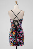 Flower Bodycon V Neck Spaghetti Straps Little Black Dress