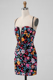 Flower Bodycon V Neck Spaghetti Straps Little Black Dress