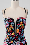 Flower Bodycon V Neck Spaghetti Straps Little Black Dress