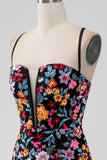 Flower Bodycon V Neck Spaghetti Straps Little Black Dress