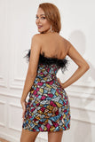 Sparkly Strapless Little Black Dress with Feathers