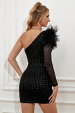 Sequins Tight Little Black Dress with Feathers