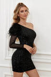 Sequins Tight Little Black Dress with Feathers