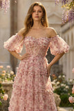Off the Shoulder Ivory Red Flower Long Prom Dress With Puff Sleeves