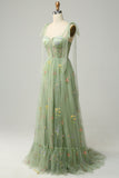 Black A-Line Corset Tulle Floral Long Prom Dress with Embroidery