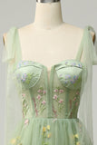 Grey Blue A Line Embroidery Corset Long Prom Dress