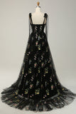 Black A-Line Corset Tulle Floral Long Prom Dress with Embroidery
