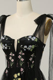 Black A-Line Corset Tulle Floral Long Prom Dress with Embroidery