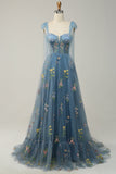 Black A-Line Corset Tulle Floral Long Prom Dress with Embroidery