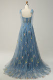 Black A-Line Corset Tulle Floral Long Prom Dress with Embroidery