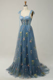 Black A-Line Corset Tulle Floral Long Prom Dress with Embroidery