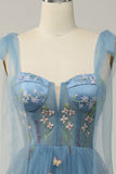 Black A-Line Corset Tulle Floral Long Prom Dress with Embroidery