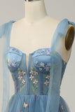 Grey Blue A Line Embroidery Corset Long Prom Dress