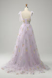 Lilac A-Line Tulle Corset Long Prom Dress with Embroidery