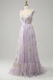 Lilac A-Line Tulle Corset Long Prom Dress with Embroidery