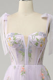 Black A-Line Corset Tulle Floral Long Prom Dress with Embroidery