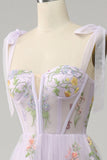 Lilac A-Line Tulle Corset Long Prom Dress with Embroidery