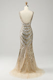 Golden Mermaid Deep V Neck Sequin Long Prom Dress with Slit