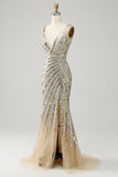 Golden Mermaid Deep V Neck Sequin Long Prom Dress with Slit