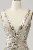 Golden Mermaid Deep V Neck Sequin Long Prom Dress with Slit