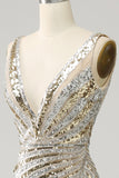 Golden Mermaid Deep V Neck Sequin Long Prom Dress with Slit