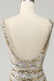 Golden Mermaid Deep V Neck Sequin Long Prom Dress with Slit