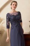 Grey Blue Sparkly Beaded Chiffon Mother of the Bride Dress