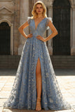 A Line Grey Blue Floral V-Neck Long Prom Dress with Slit