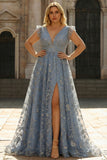 Grey Blue Floral V-Neck A Line Plus Size Long Prom Dress with Slit