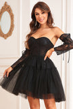 Detachable Long Sleeves A-Line Corset Little Black Dress