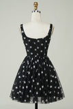 Cute A Line V Neck Tulle Little Black Dress with Stars