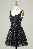 Cute A Line V Neck Tulle Little Black Dress with Stars