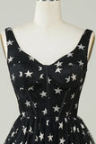 Cute A Line V Neck Tulle Little Black Dress with Stars