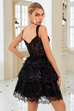 Cute A Line Corset Tiered Little Black Dress with Lace