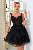 Cute A Line Corset Tiered Little Black Dress with Lace