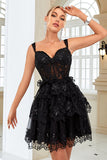 Cute A Line Corset Tiered Little Black Dress with Lace