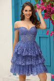 Cute A Line Corset Tiered Little Black Dress with Lace