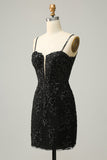 Sheath Spaghetti Straps Sequins Little Black Dress