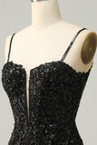 Sheath Spaghetti Straps Sequins Little Black Dress